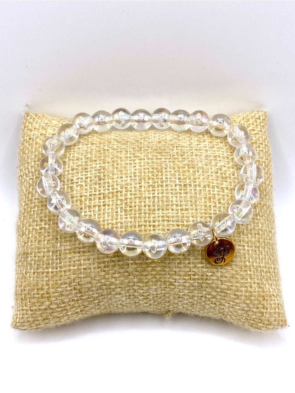 Plunder Clear Iridescent Beaded Stretch Bracelet with Gold Disc Charm NWOT